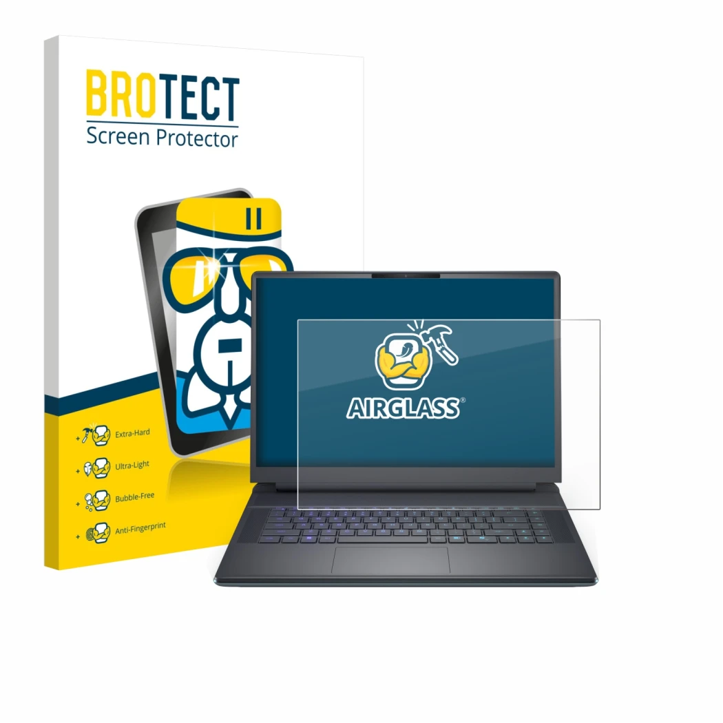 Front side of a product packaging with the brand logo BROTECT. Next to it is the device Dell Alienware 16 Area-51 shown with t