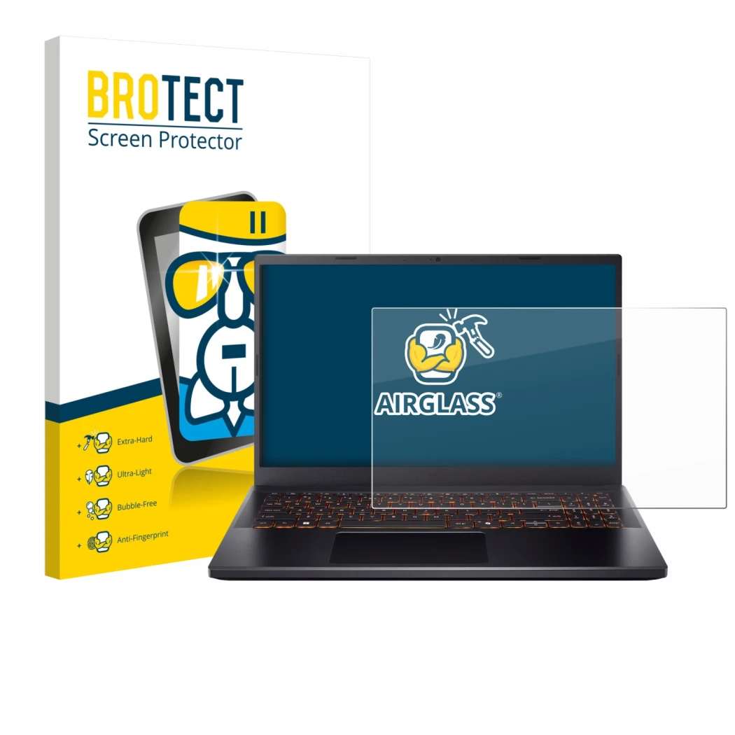 Front side of a product packaging with the brand logo BROTECT. Next to it is the device Acer Nitro V 15 shown with the corresp