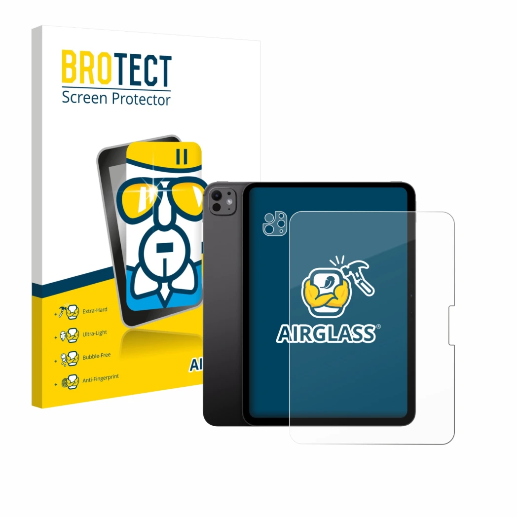 Front side of a product packaging with the brand logo BROTECT. Next to it is the device Apple iPad Pro 11