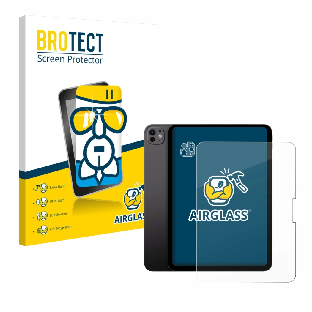 Front side of a product packaging with the brand logo BROTECT. Next to it is the device Apple iPad Pro 11