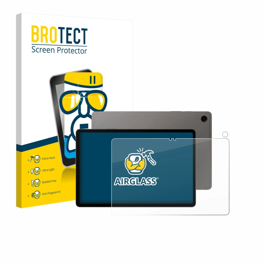 Front side of a product packaging with the brand logo BROTECT. Next to it is the device Samsung Galaxy Tab S9 FE (Front+Camera