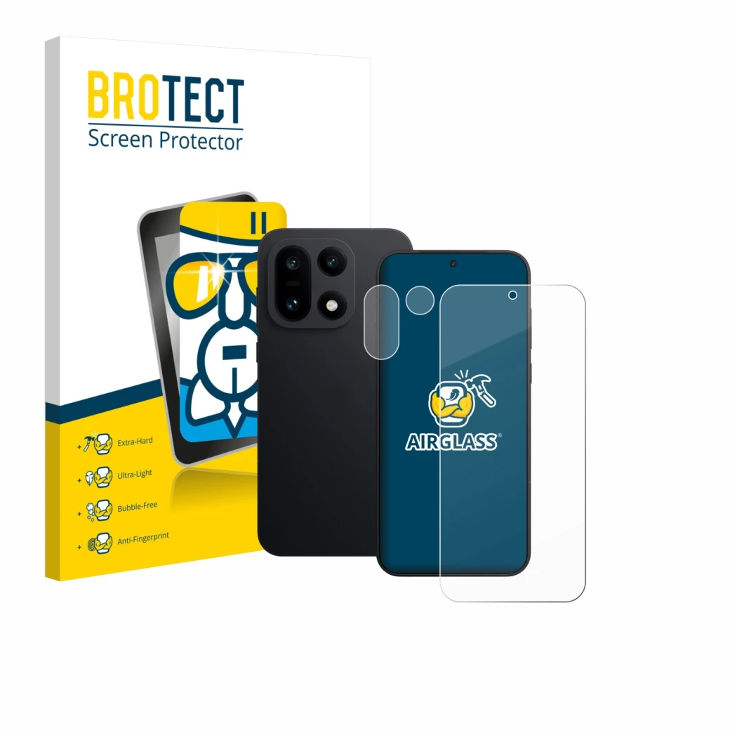 Front side of a product packaging with the brand logo BROTECT. Next to it is the device OnePlus 15 (Front+Camera) shown with t