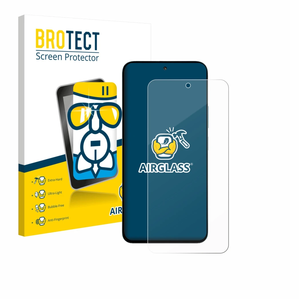 Front side of a product packaging with the brand logo BROTECT. Next to it is the device Xiaomi Poco M7 Plus shown with the cor
