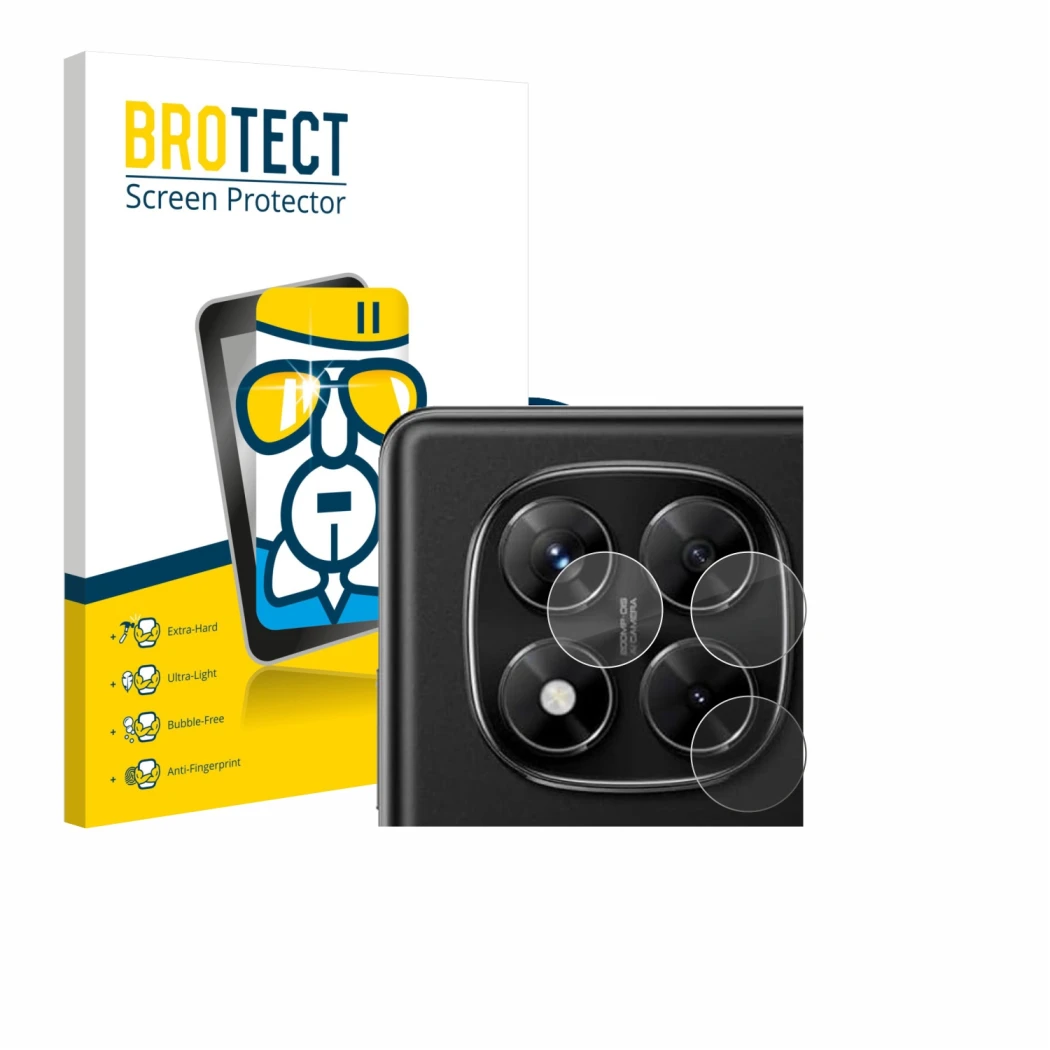 Front side of a product packaging with the brand logo BROTECT. Next to it is the device Xiaomi Redmi Note 14 Pro 4G (ONLY Came