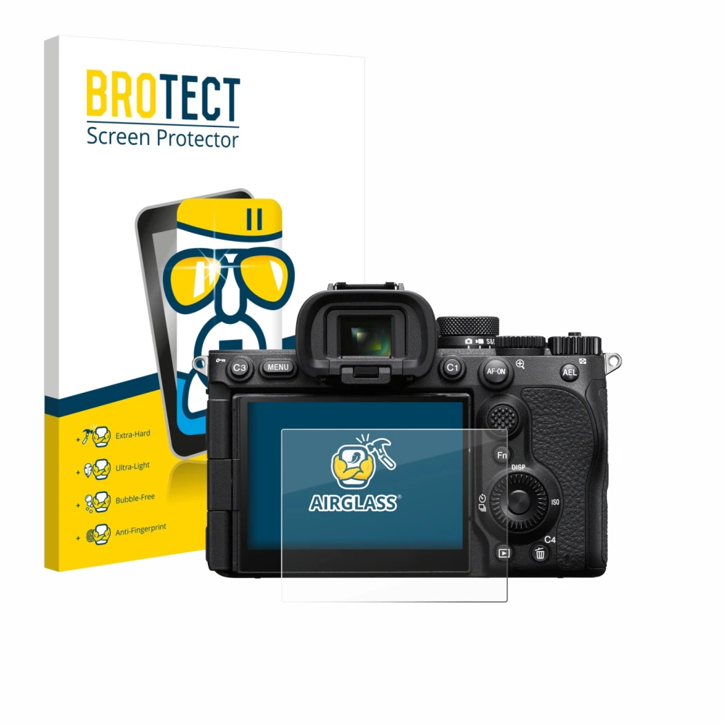 Front side of a product packaging with the brand logo BROTECT. Next to it is the device Sony Alpha 7 V (ILCE-7M5) shown with t