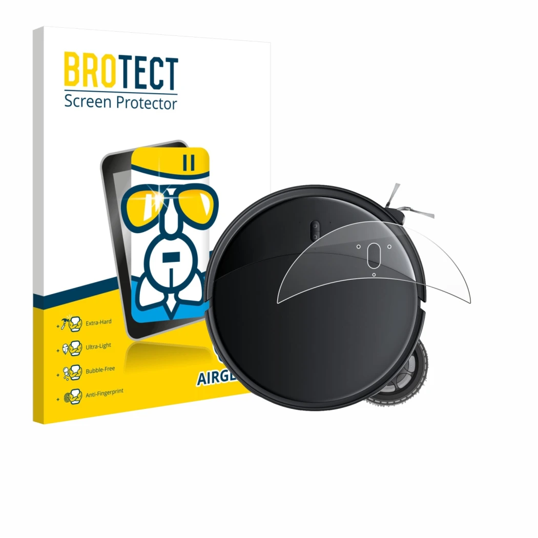 Front side of a product packaging with the brand logo BROTECT. Next to it is the device Roborock Saros 10R shown with the corr
