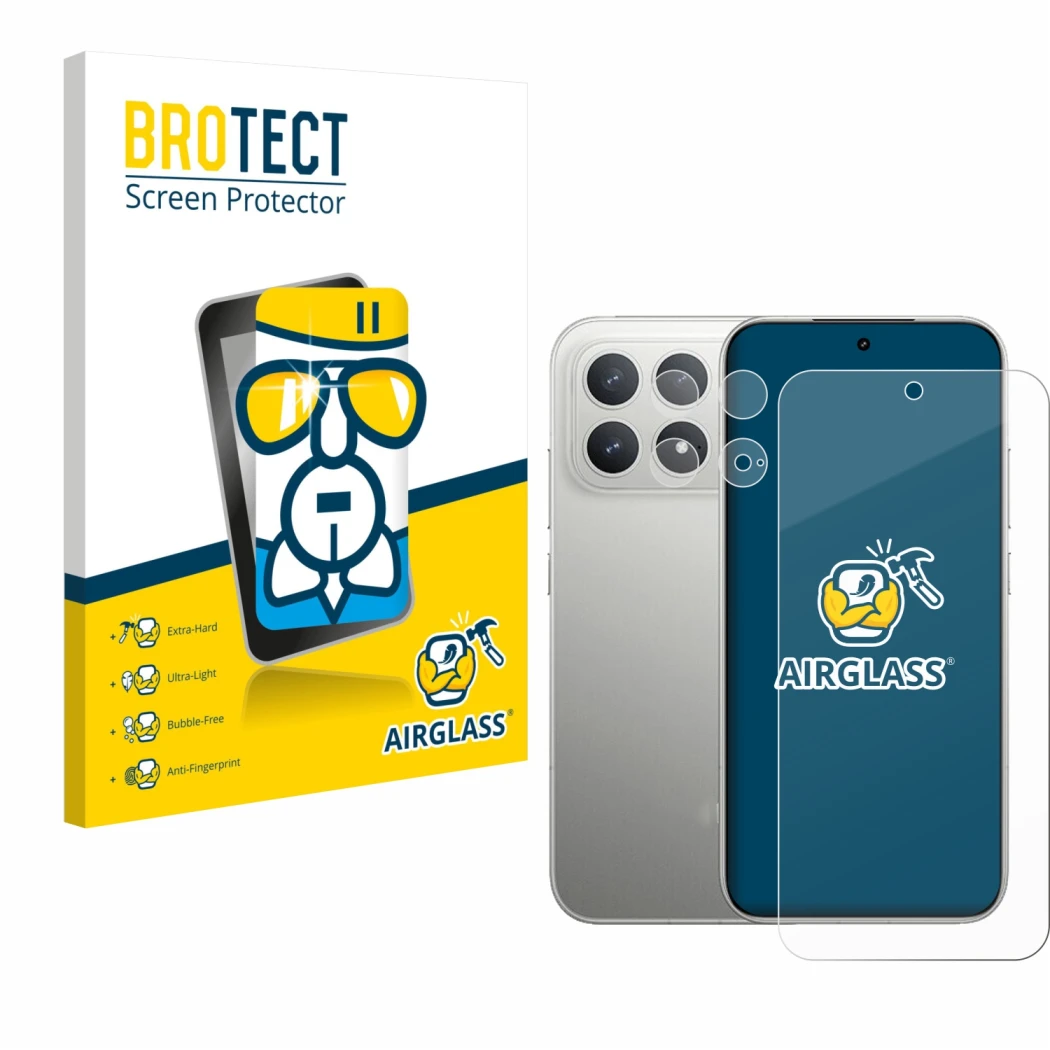 Front side of a product packaging with the brand logo BROTECT. Next to it is the device Xiaomi Poco F8 Pro (Front+Camera) show