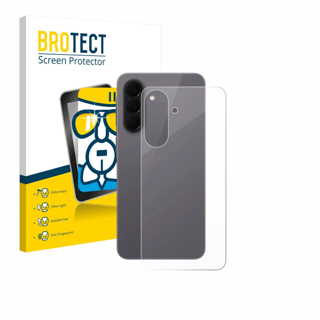 Front side of a product packaging with the brand logo BROTECT. Next to it is the device Samsung Galaxy A57 5G (Back) shown wit