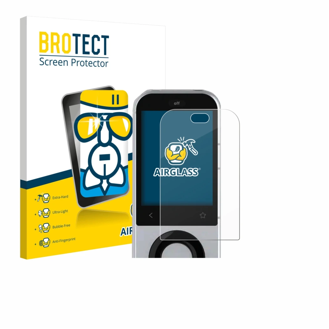 Front side of a product packaging with the brand logo BROTECT. Next to it is the device Sofabaton X2 shown with the correspond
