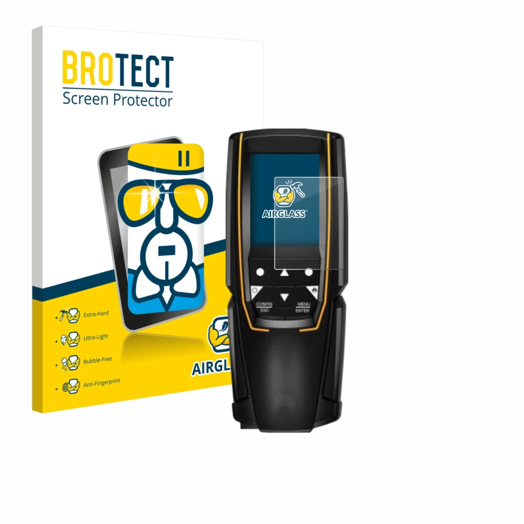 Front side of a product packaging with the brand logo BROTECT. Next to it is the device Testo 310 (2nd Gen.) shown with the co