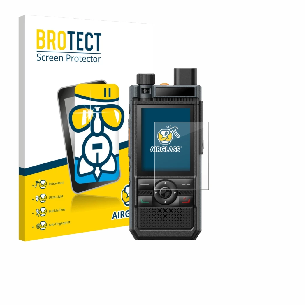 Front side of a product packaging with the brand logo BROTECT. Next to it is the device Hytera P50 Pro shown with the correspo