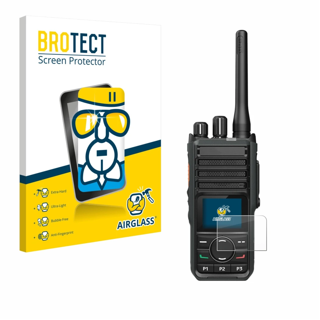 Front side of a product packaging with the brand logo BROTECT. Next to it is the device Hytera HP565 shown with the correspond