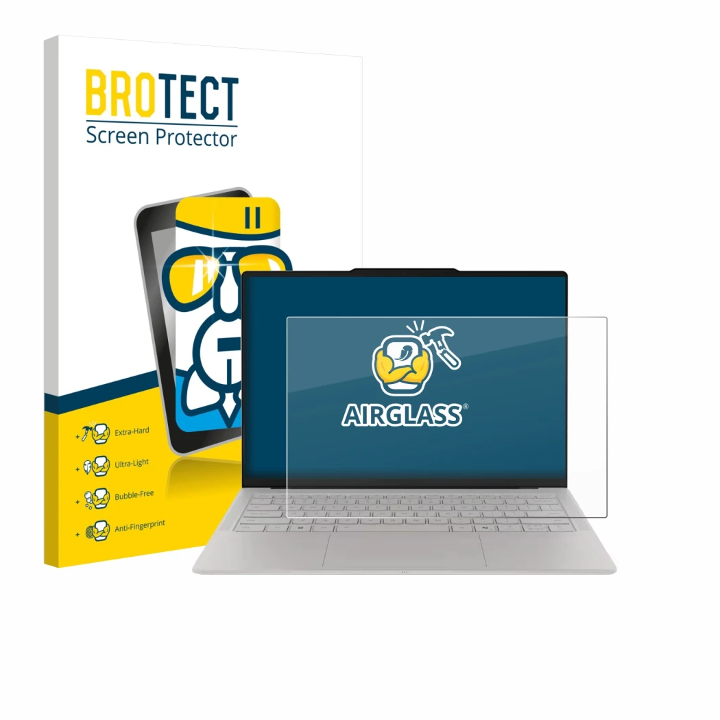 Front side of a product packaging with the brand logo BROTECT. Next to it is the device Lenovo Yoga Slim 7i Ultra Gen 11 Aura 