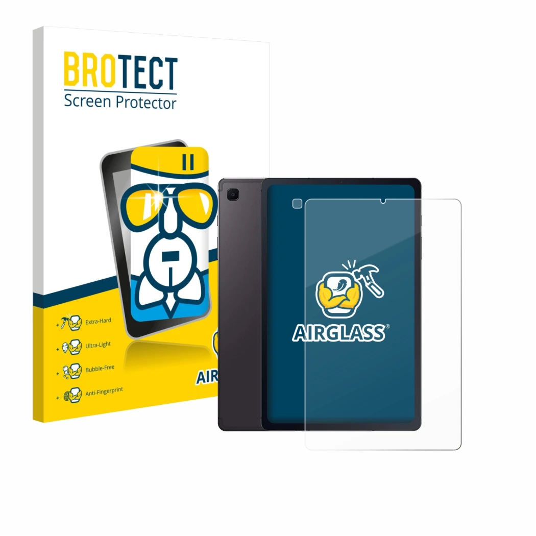 Front side of a product packaging with the brand logo BROTECT. Next to it is the device Samsung Galaxy Tab S6 Lite 2020 (Front