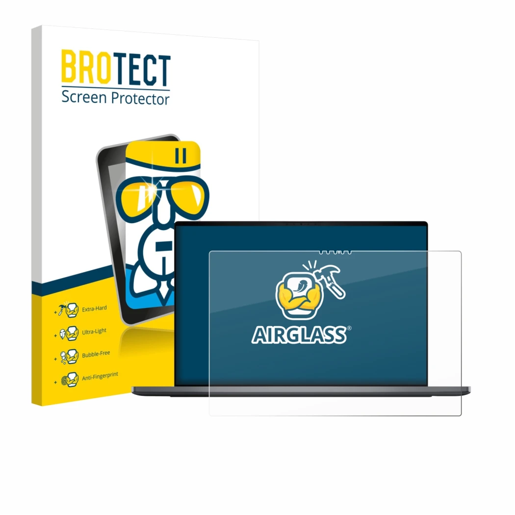 Front side of a product packaging with the brand logo BROTECT. Next to it is the device Dell XPS 16 DA16260 shown with the cor