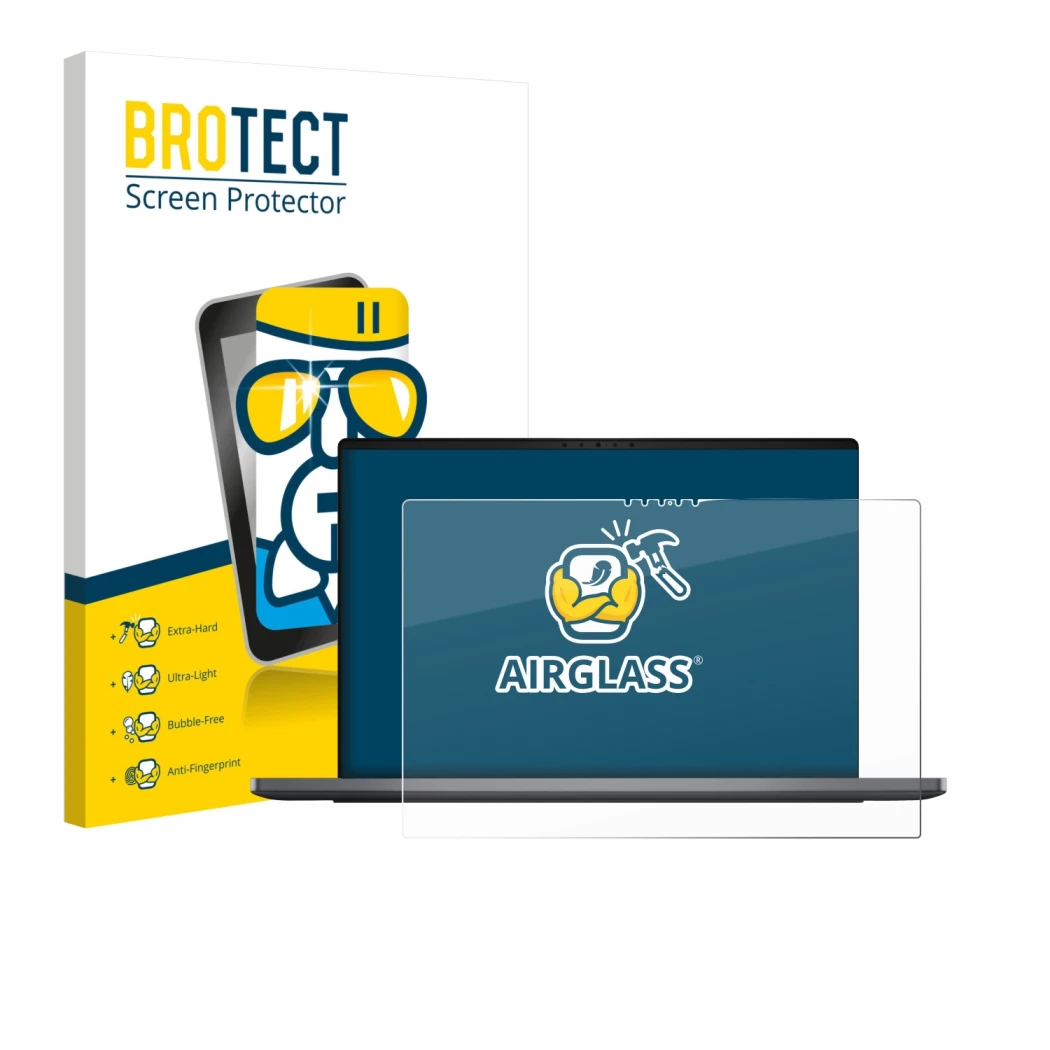 Front side of a product packaging with the brand logo BROTECT. Next to it is the device Dell XPS 14 DA14260 shown with the cor