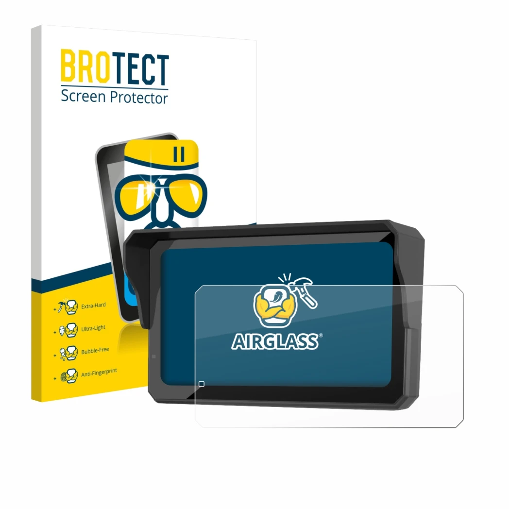 Front side of a product packaging with the brand logo BROTECT. Next to it is the device Carpuride W602S Pro shown with the cor