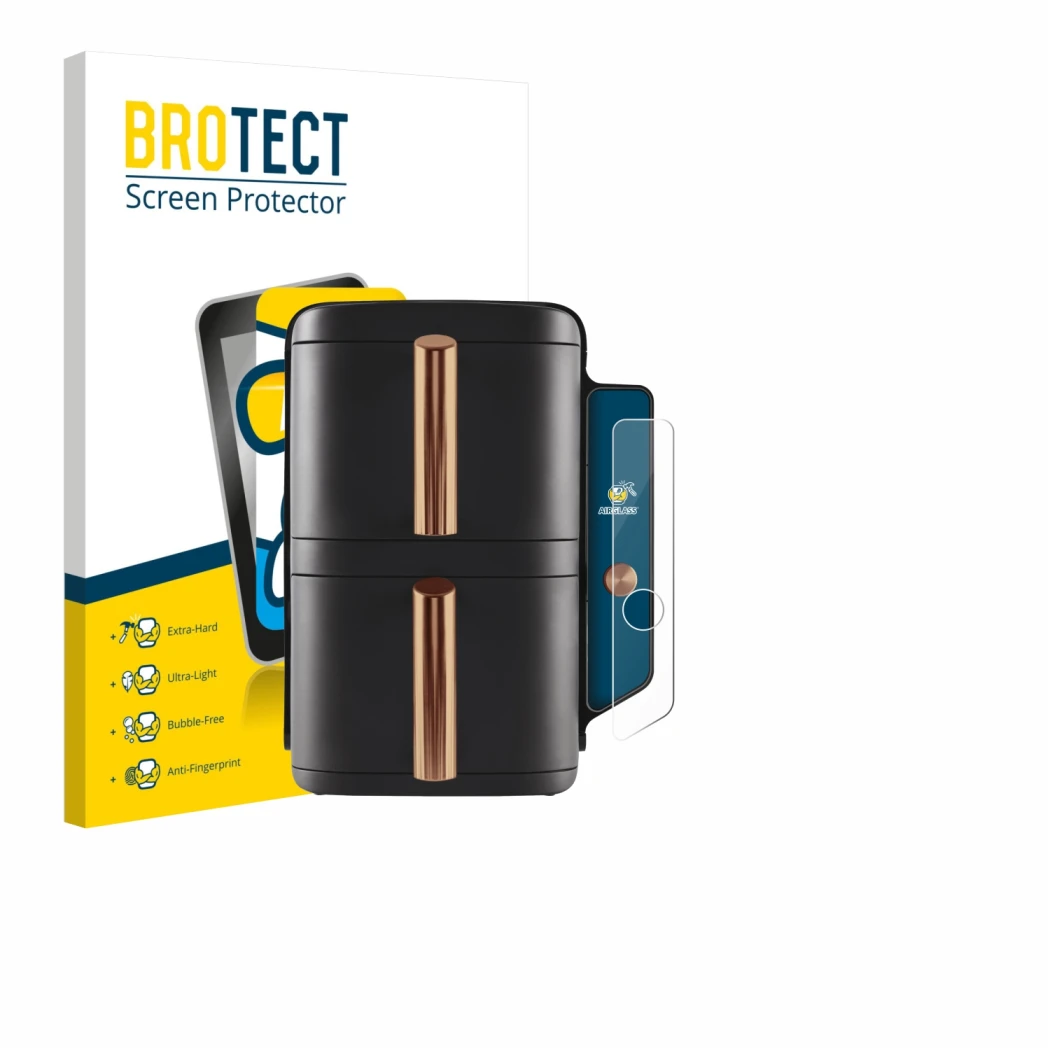 Front side of a product packaging with the brand logo BROTECT. Next to it is the device Ninja Double Stack XL sl400eu shown wi