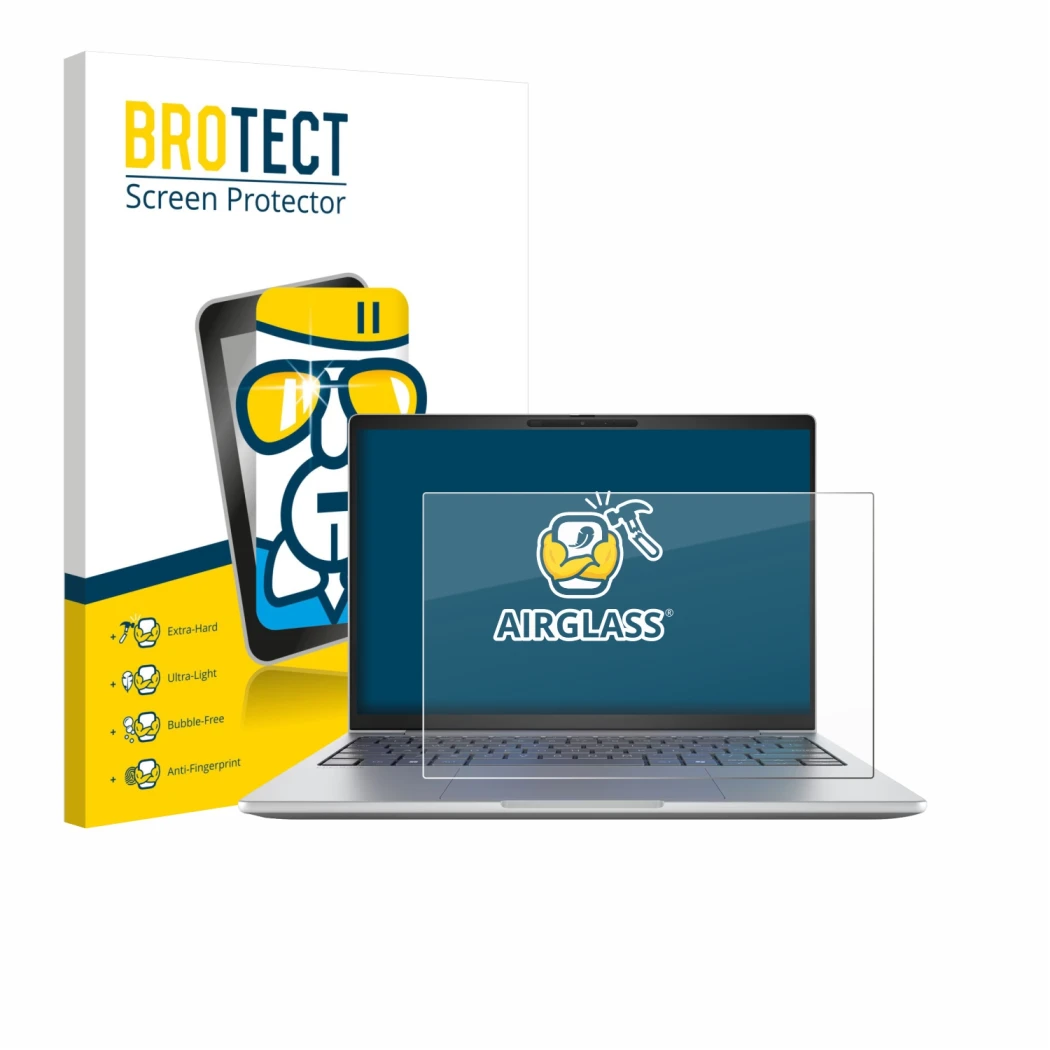 Front side of a product packaging with the brand logo BROTECT. Next to it is the device HP EliteBook 8 G1i 13