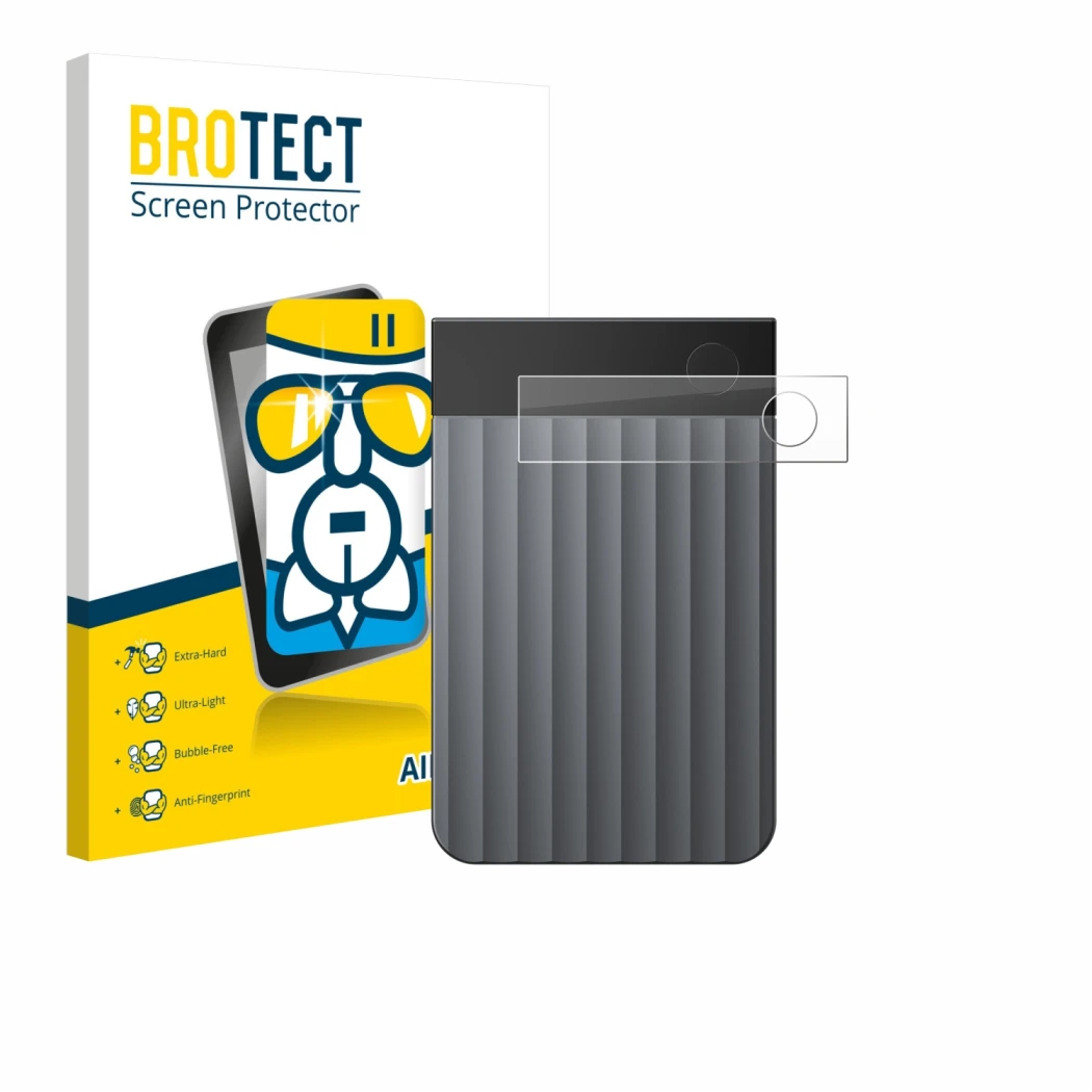 Front side of a product packaging with the brand logo BROTECT. Next to it is the device PLAUD Note Pro shown with the correspo