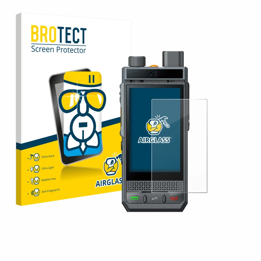 Front side of a product packaging with the brand logo BROTECT. Next to it is the device Hytera P60 shown with the correspondin