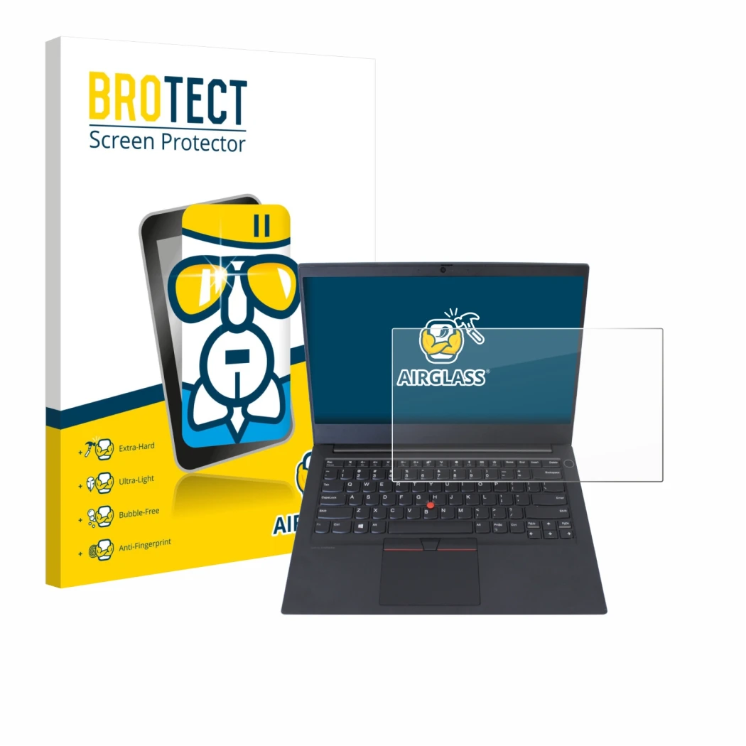 Front side of a product packaging with the brand logo BROTECT. Next to it is the device Lenovo ThinkPad E14 Gen 1 shown with t