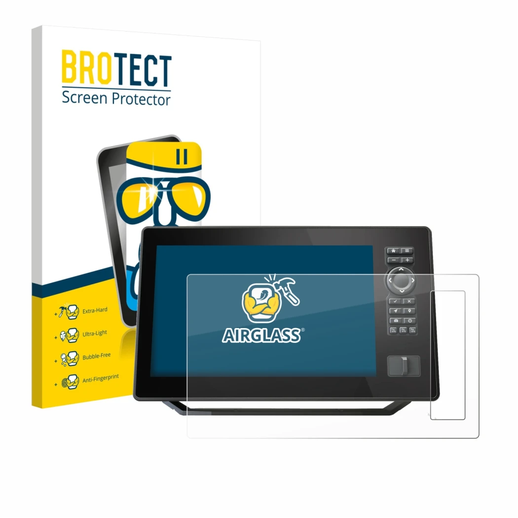 Front side of a product packaging with the brand logo BROTECT. Next to it is the device Humminbird Xplore 9 shown with the cor