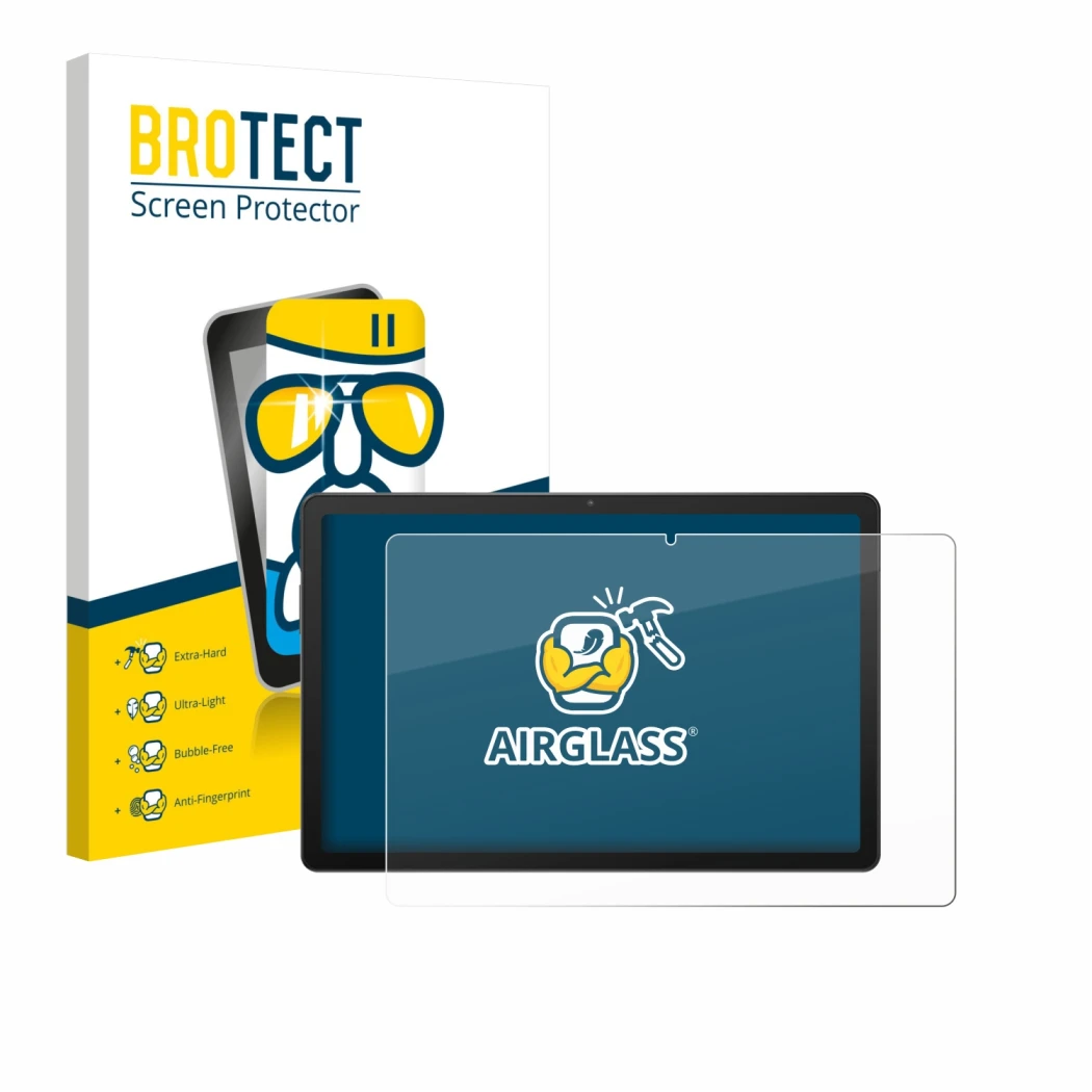 Front side of a product packaging with the brand logo BROTECT. Next to it is the device Sunmi CPad 8.7