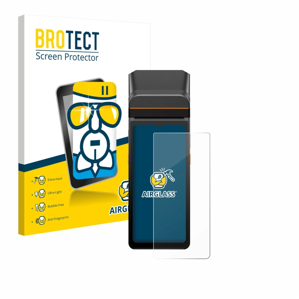 Front side of a product packaging with the brand logo BROTECT. Next to it is the device Sunmi V3 A13 shown with the correspond