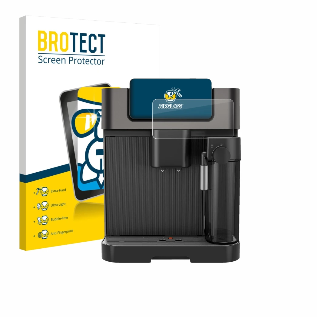 Front side of a product packaging with the brand logo BROTECT. Next to it is the device Grundig KVA 7230 shown with the corres