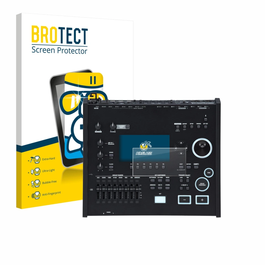 Front side of a product packaging with the brand logo BROTECT. Next to it is the device Roland V71 shown with the correspondin