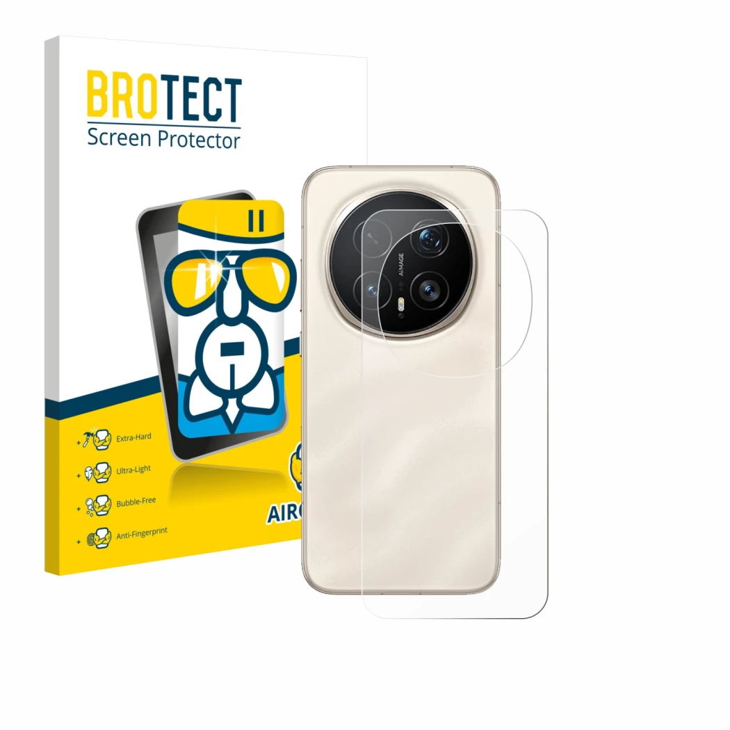 Front side of a product packaging with the brand logo BROTECT. Next to it is the device Honor Magic 8 Pro (Back) shown with th