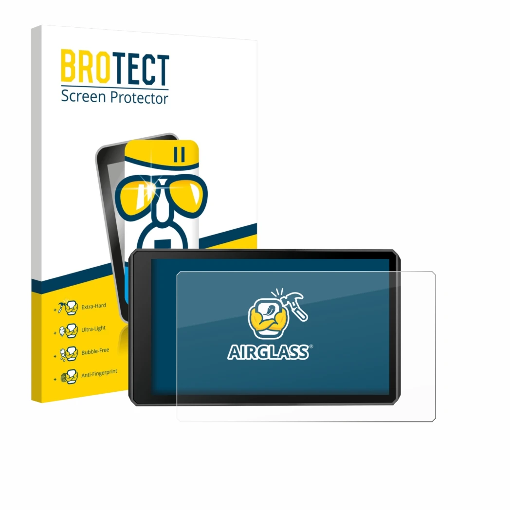 Front side of a product packaging with the brand logo BROTECT. Next to it is the device Garmin zumo XT3 6