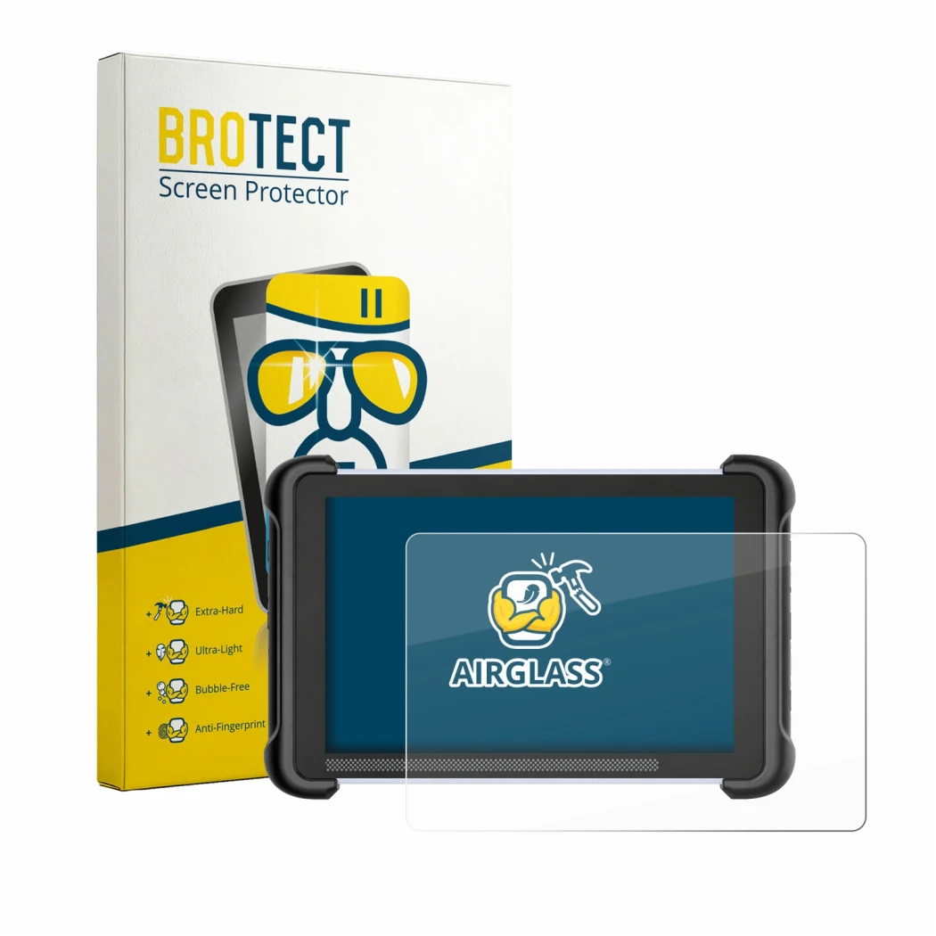 Front side of a product packaging with the brand logo BROTECT. Next to it is the device MUCAR 892BT shown with the correspondi