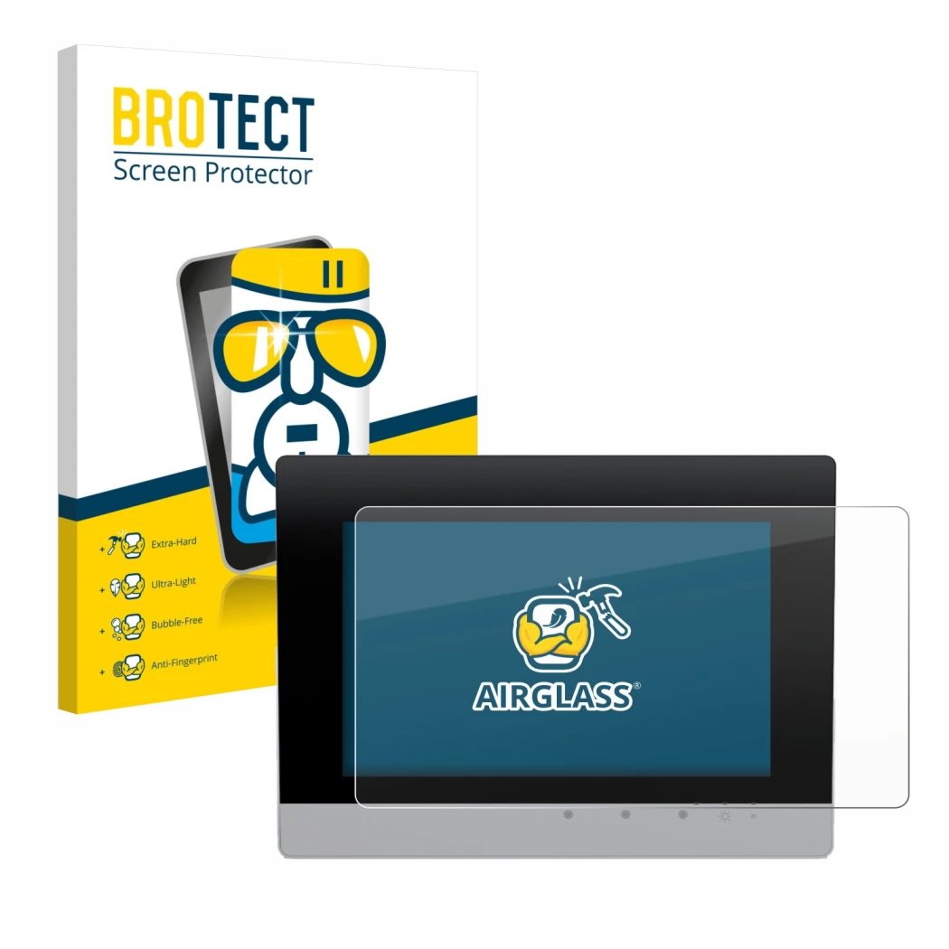 Front side of a product packaging with the brand logo BROTECT. Next to it is the device WAGO Control Panel Touch Panel 600 sho