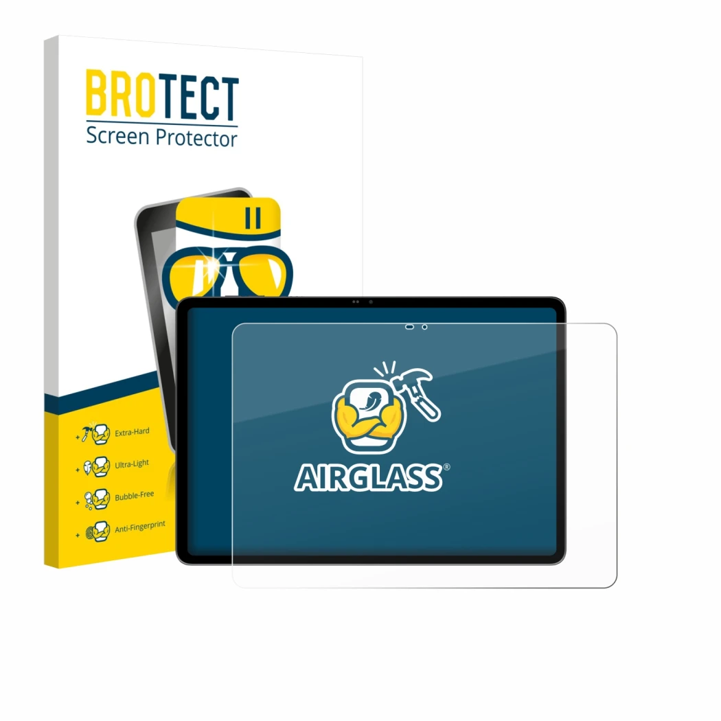 Front side of a product packaging with the brand logo BROTECT. Next to it is the device Blackview MEGA 12 shown with the corre