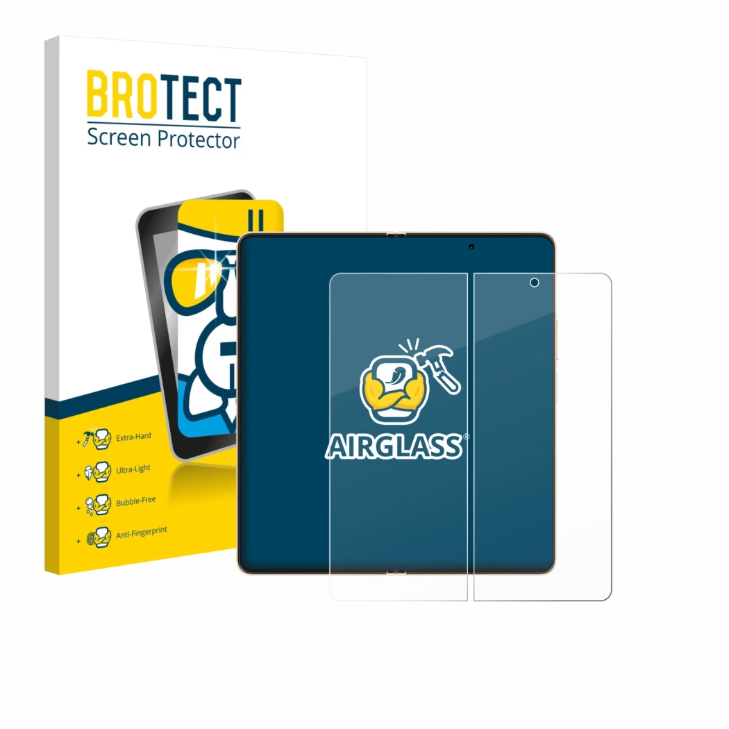 Front side of a product packaging with the brand logo BROTECT. Next to it is the device Honor Magic V6 (Inner display) shown w