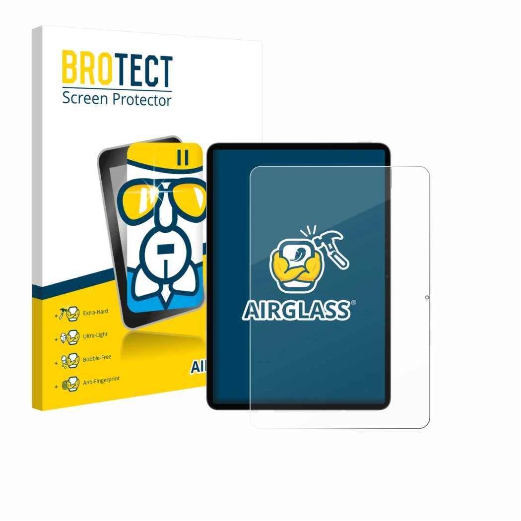 Front side of a product packaging with the brand logo BROTECT. Next to it is the device Xiaomi Pad 8 shown with the correspond