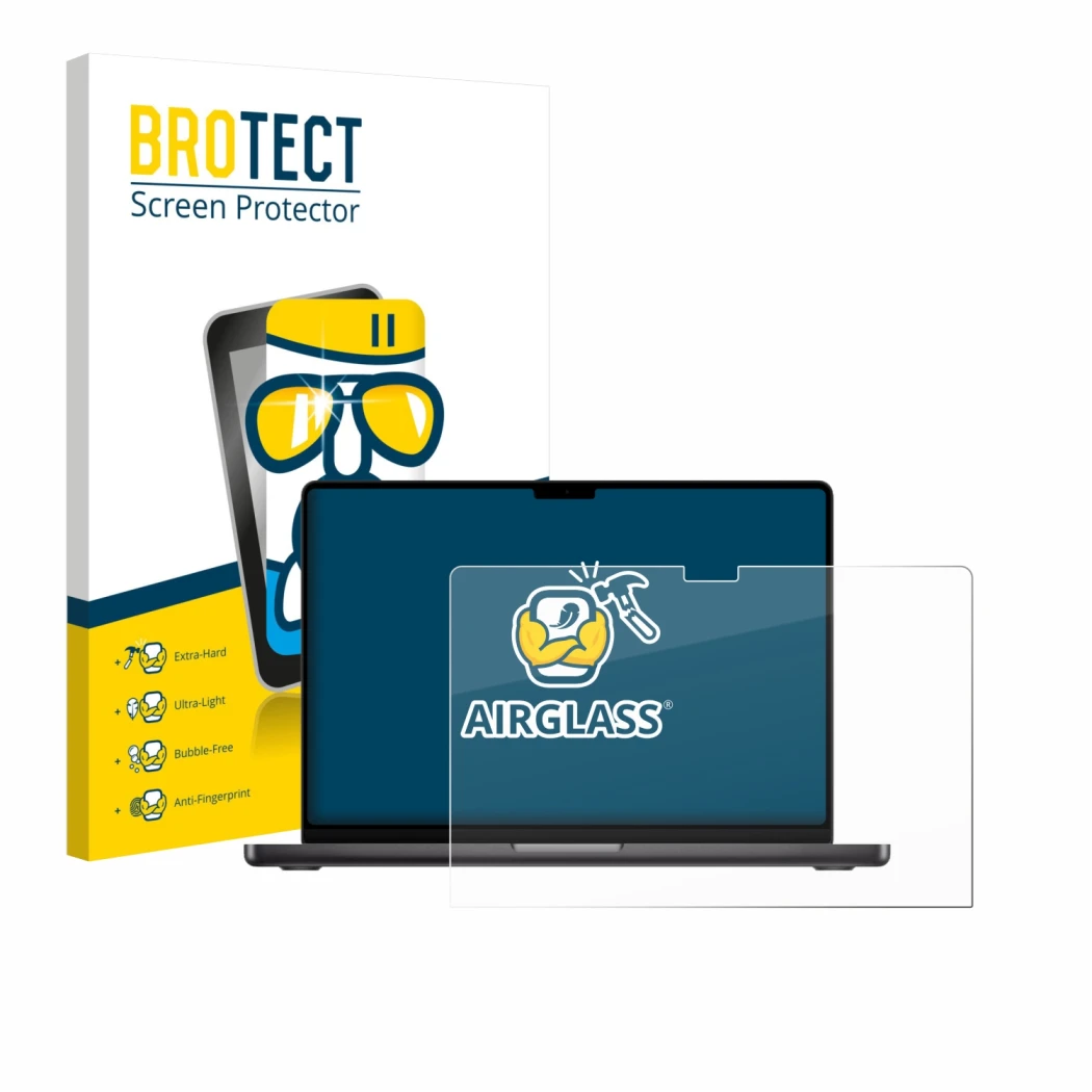 Front side of a product packaging with the brand logo BROTECT. Next to it is the device Apple MacBook Pro 16