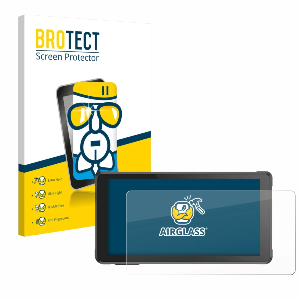 Front side of a product packaging with the brand logo BROTECT. Next to it is the device Interphone RideSync shown with the cor