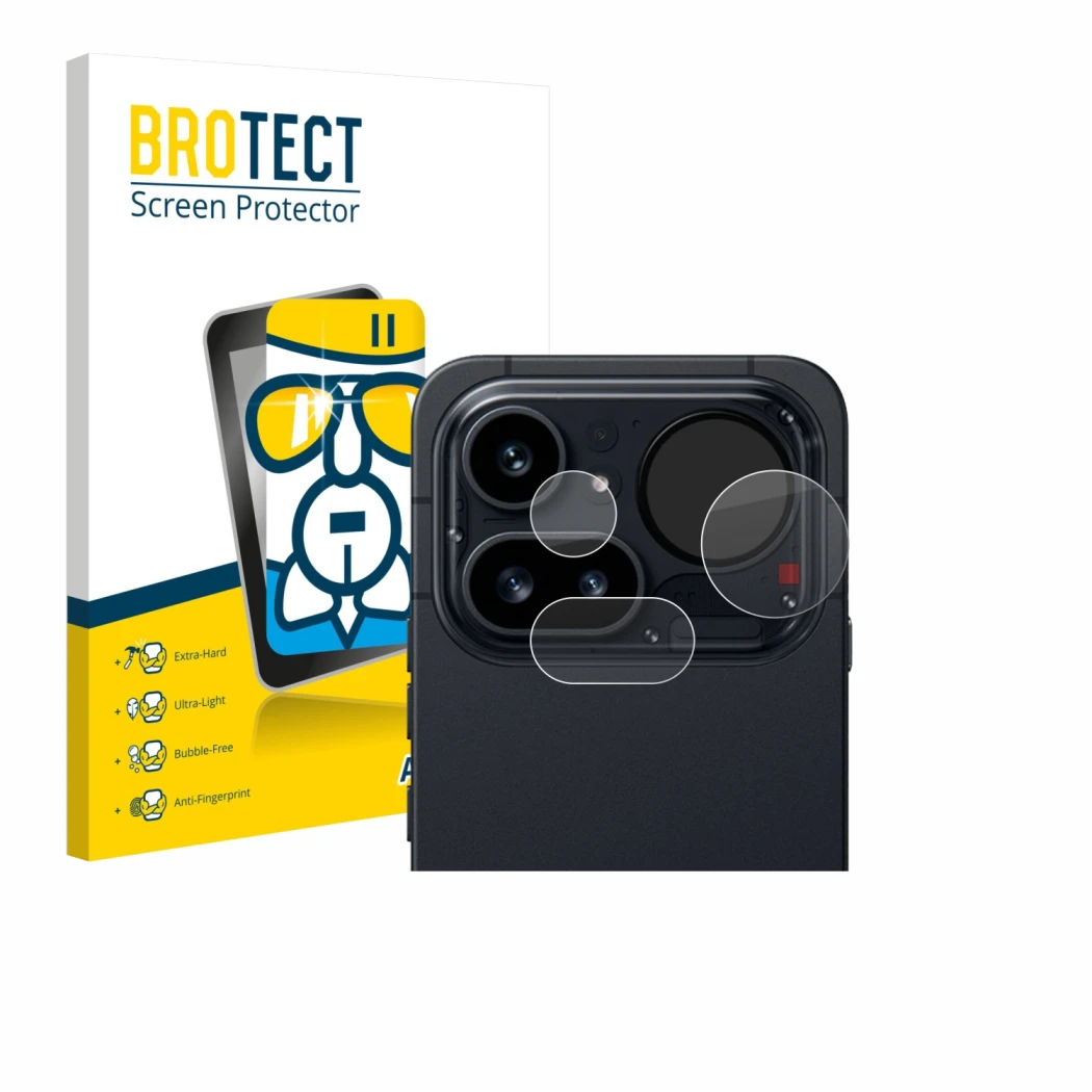 Front side of a product packaging with the brand logo BROTECT. Next to it is the device Nothing Phone (4a) Pro (ONLY Camera Le