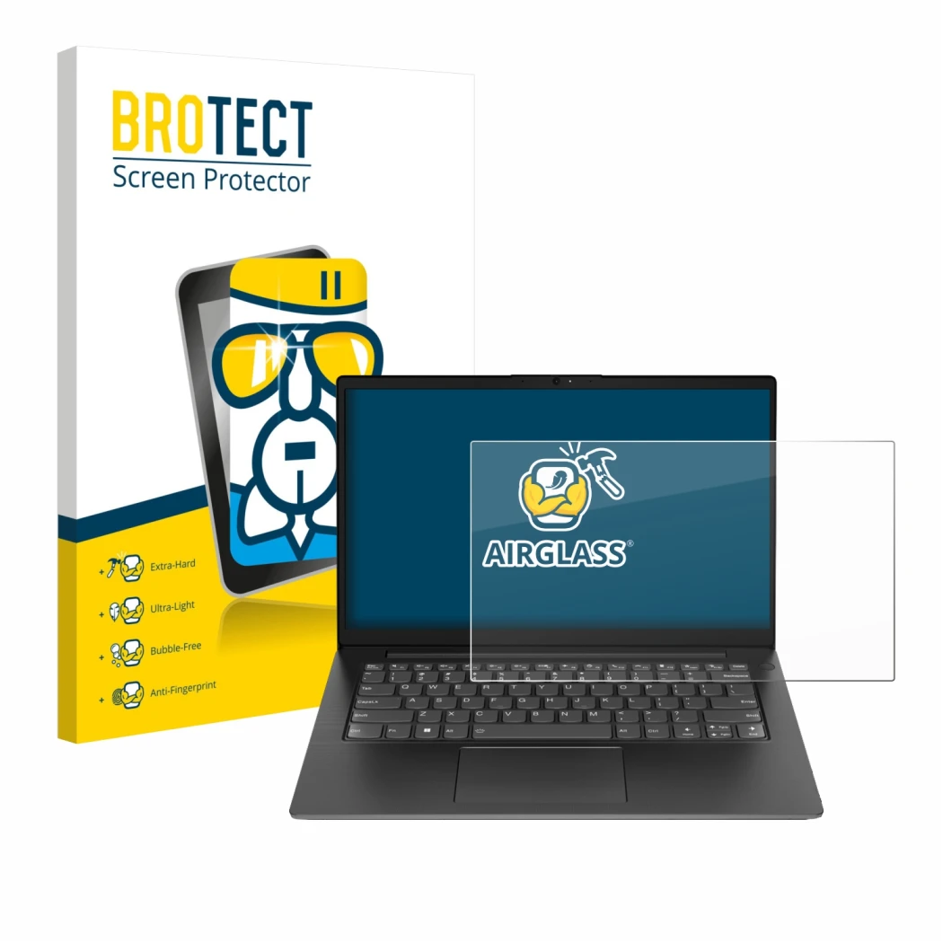 Front side of a product packaging with the brand logo BROTECT. Next to it is the device Lenovo V14 Gen 5 shown with the corres