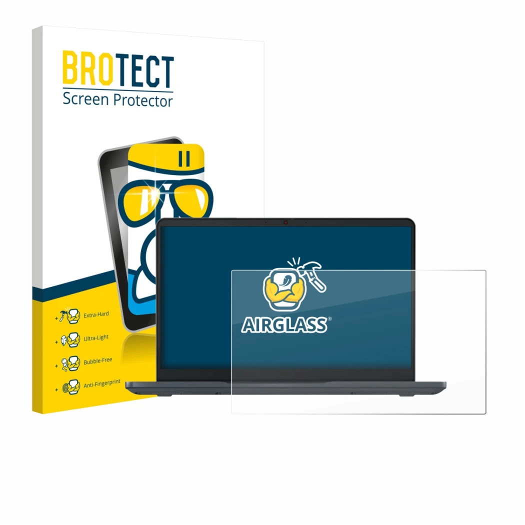 Front side of a product packaging with the brand logo BROTECT. Next to it is the device Lenovo Chromebook 14e Gen 3 shown with