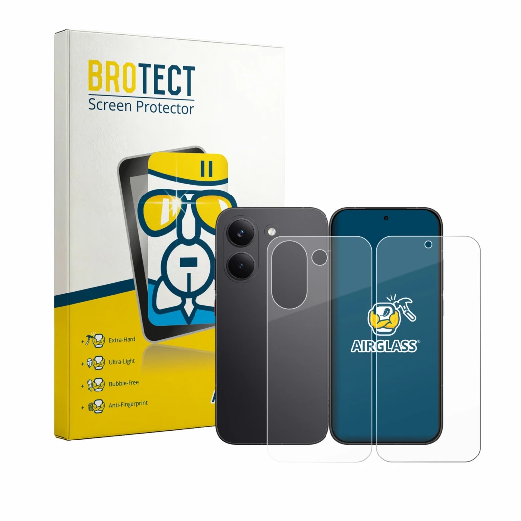 Front side of a product packaging with the brand logo BROTECT. Next to it is the device Xiaomi Poco X8 Pro (Front+Back) shown