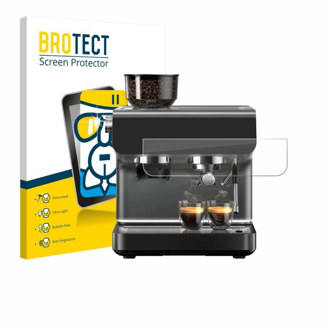 Front side of a product packaging with the brand logo BROTECT. Next to it is the device WMF Espresso Pro shown with the corres