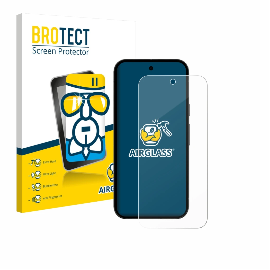Front side of a product packaging with the brand logo BROTECT. Next to it is the device Google Pixel 10a (case-friendly) shown