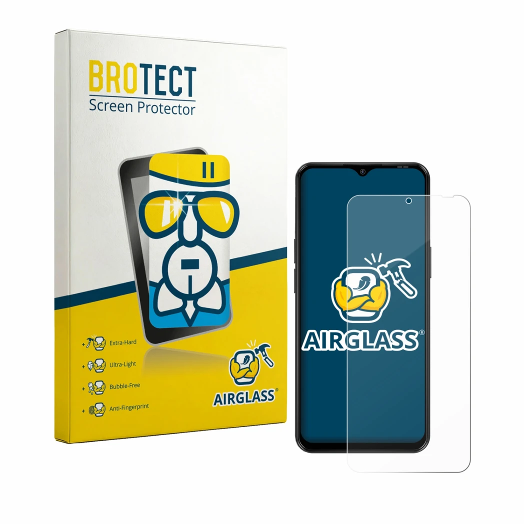 Front side of a product packaging with the brand logo BROTECT. Next to it is the device Blackview Wave 7C shown with the corre