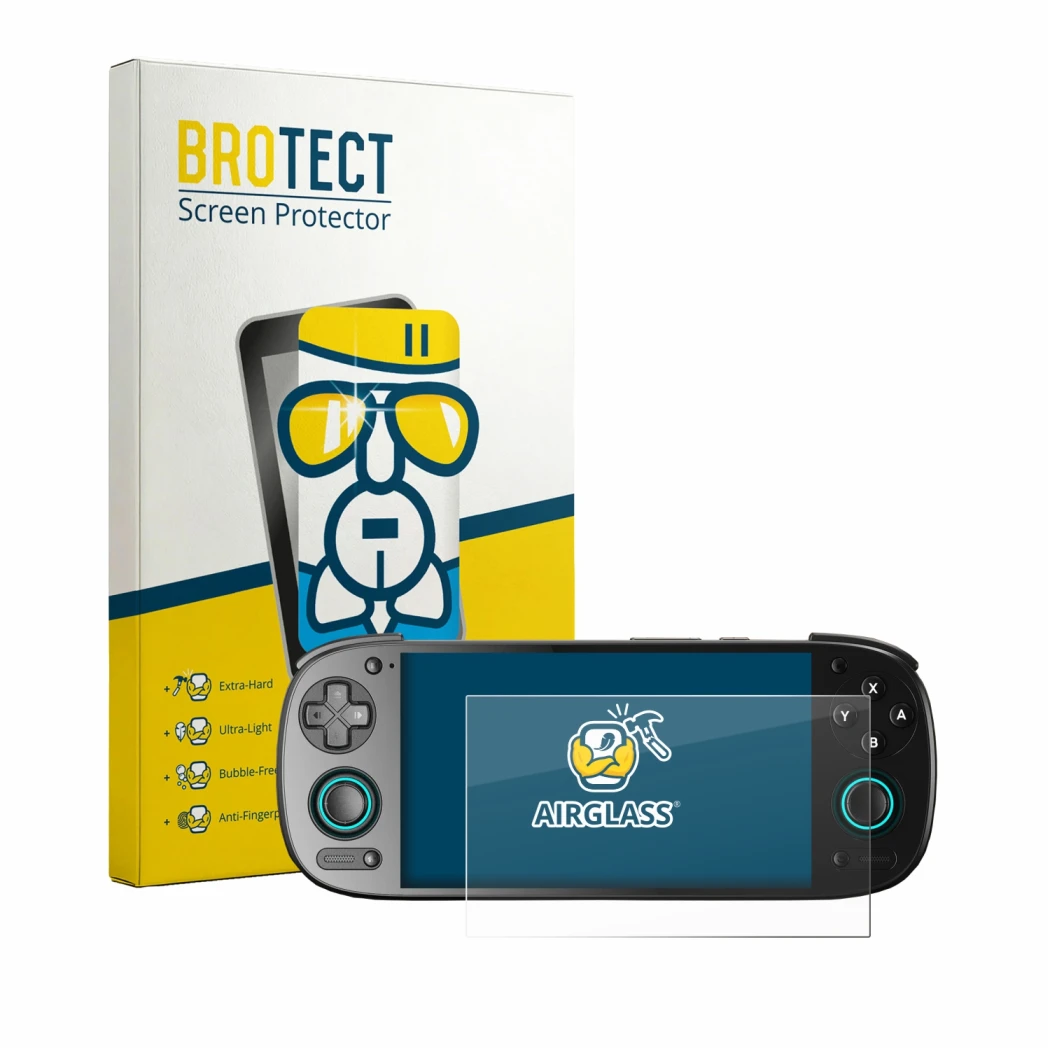 Front side of a product packaging with the brand logo BROTECT. Next to it is the device Retroid Pocket 5 shown with the corres