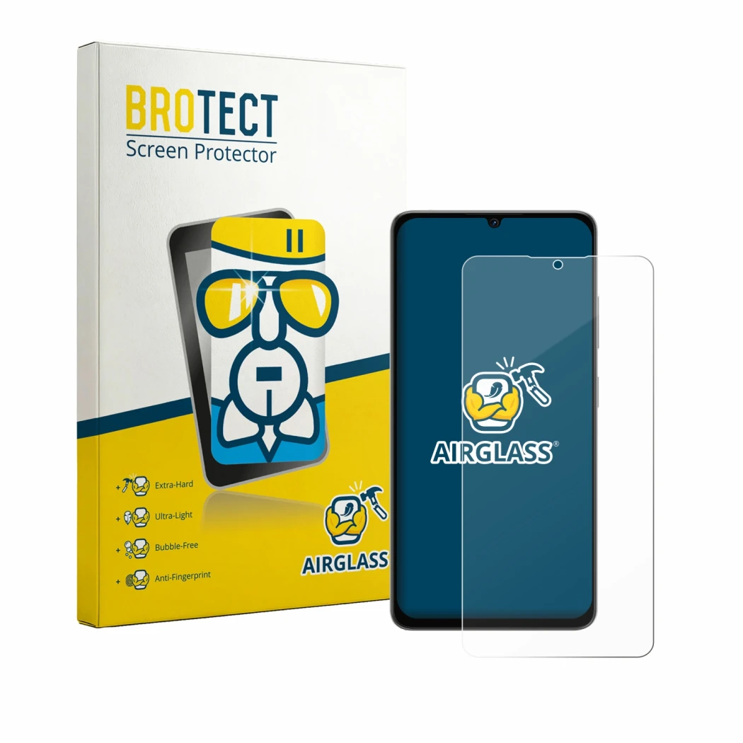 Front side of a product packaging with the brand logo BROTECT. Next to it is the device Lava Bold N2 Pro shown with the corres