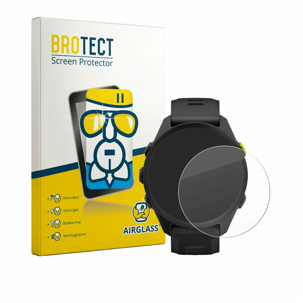 Front side of a product packaging with the brand logo BROTECT. Next to it is the device Garmin Forerunner 70 shown with the co